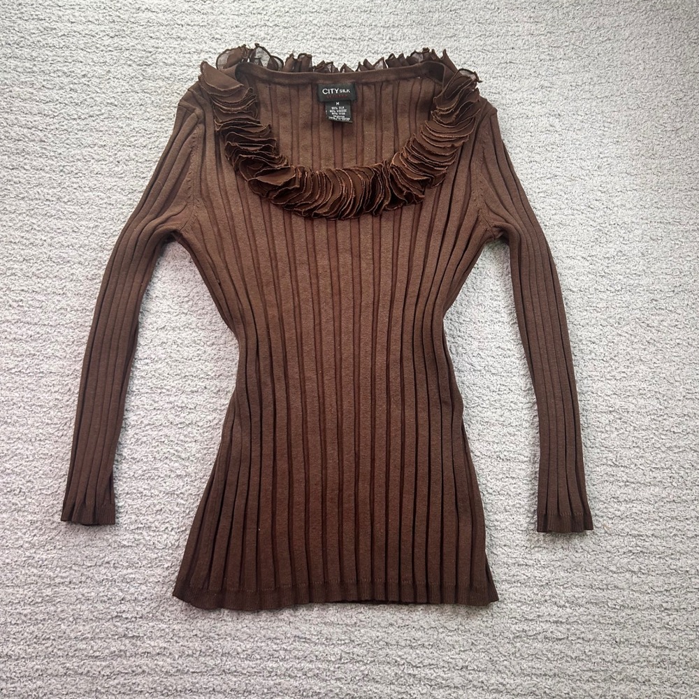 City Silk Ruffle Neck Ribbed Sweater Brown Medium Y2K Whimsygoth Fairycore 90s